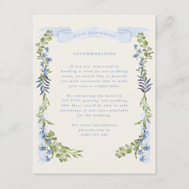Tarjeta De Recepción blue and greenery garden crest wreath wedding (Anverso)