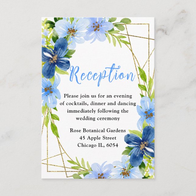 Tarjeta De Recepción Blue and Navy Flowers Wedding Reception (Anverso)