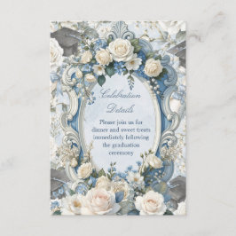 Tarjeta De Recepción Blue and White Floral Graduation Celebration Detai