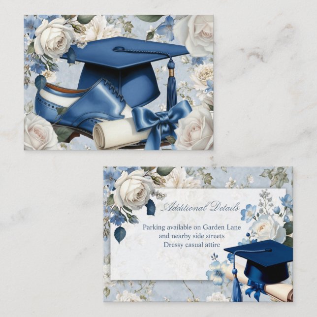 Tarjeta De Recepción Blue and White Graduation Additional Information  (Anverso / Reverso)