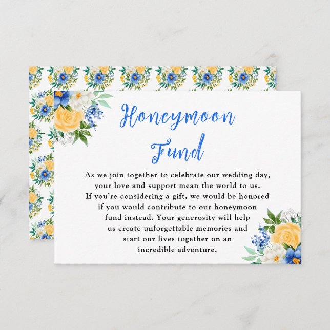 Tarjeta De Recepción Blue and Yellow Floral Wedding Honeymoon Fund (Anverso / Reverso)