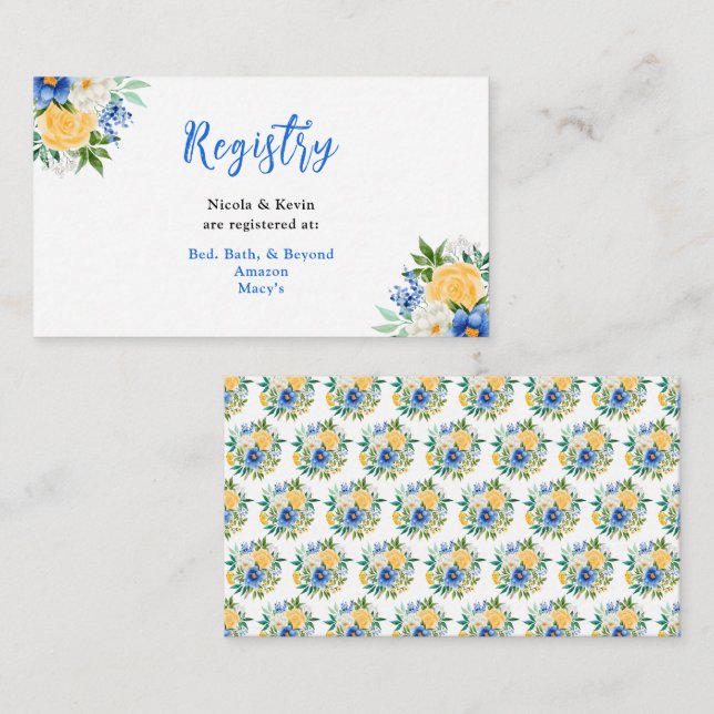 Tarjeta De Recepción Blue and Yellow Floral Wedding Registry (Anverso / Reverso)