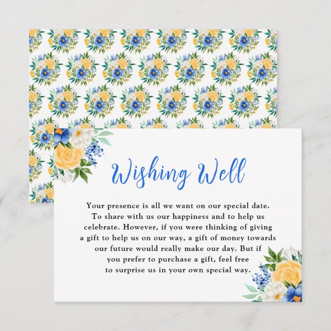 Tarjeta De Recepción Blue and Yellow Floral Wedding Wishing Well (Anverso / Reverso)