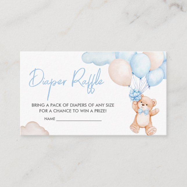 Tarjeta De Recepción Blue Baby Bear Balloon Baby Shower Diaper Raffle (Anverso)