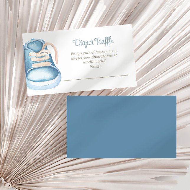 Tarjeta De Recepción Blue Baby Shoes Diaper Raffle Enclosure Card (Blue Baby Shoes Diaper Raffle Enclosure Card on a white dry palm leaf.)