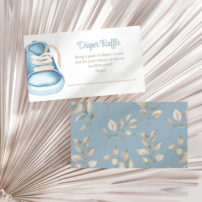 Tarjeta De Recepción Blue Baby Shoes Diaper Raffle Enclosure Card (Blue Baby Shoes Diaper Raffle Enclosure Card on a white dry palm leaf.)