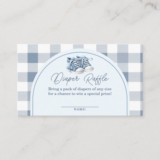 Tarjeta De Recepción Blue Baby Shoes Gingham Baby Shower Diaper Raffle (Anverso)
