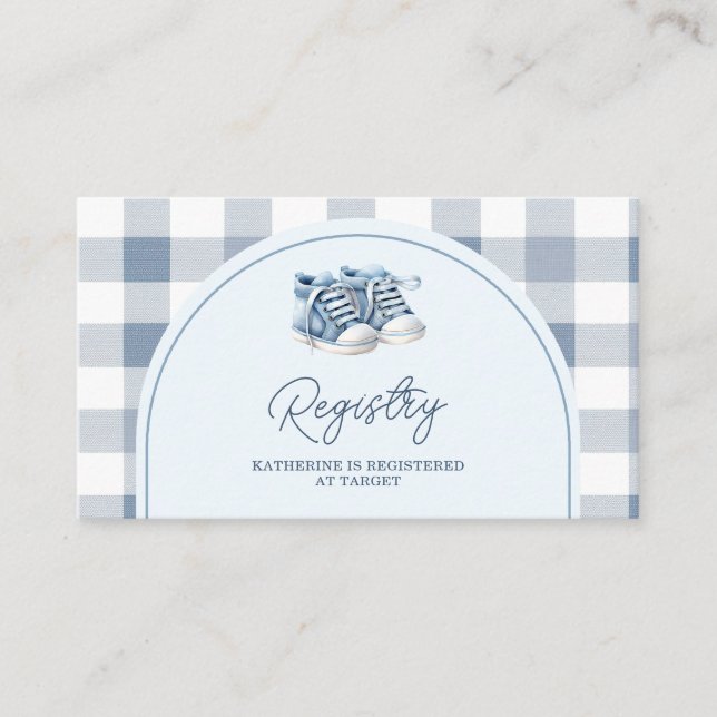 Tarjeta De Recepción Blue Baby Shoes Gingham Boy Baby Shower Registry (Anverso)