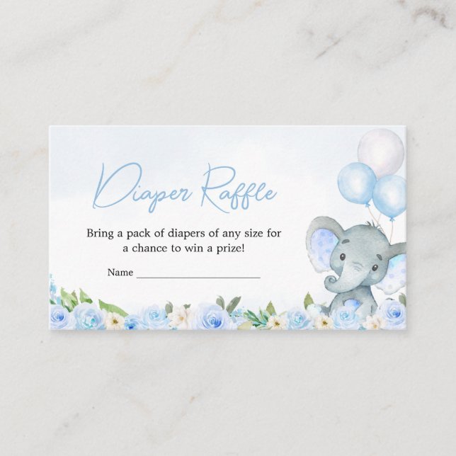 Tarjeta De Recepción Blue Balloon Floral Elephant Diaper Raffle (Anverso)