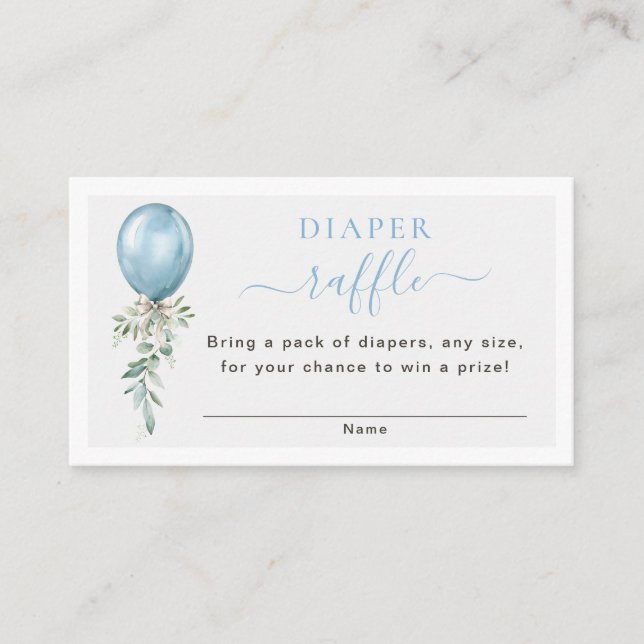 Tarjeta De Recepción Blue Balloon Greenery Baby Shower Diaper Raffle (Anverso)