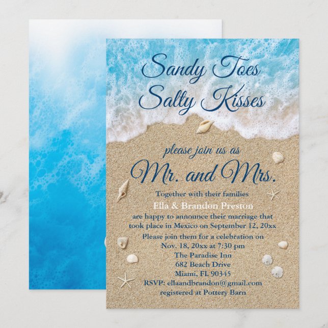 Tarjeta de recepción Blue Beach Waves Post Wedding (Anverso / Reverso)