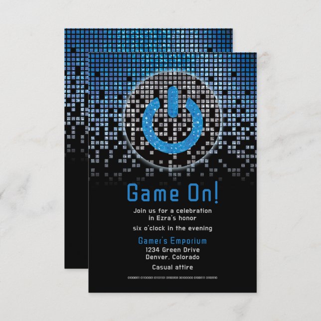 Tarjeta De Recepción Blue Black Video Game Gamer Bar Mitzvah (Anverso / Reverso)