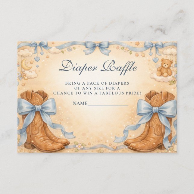 Tarjeta De Recepción Blue Boots And Bows Boy Diapper Raffle (Anverso)