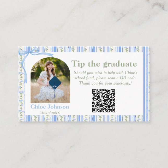 Tarjeta De Recepción Blue Bow Floral Graduation Enclosure Card (Anverso)