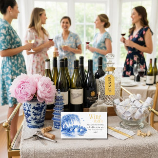 Tarjeta De Recepción Blue Chinoiserie Bridge Wine Raffle Bridal Shower 