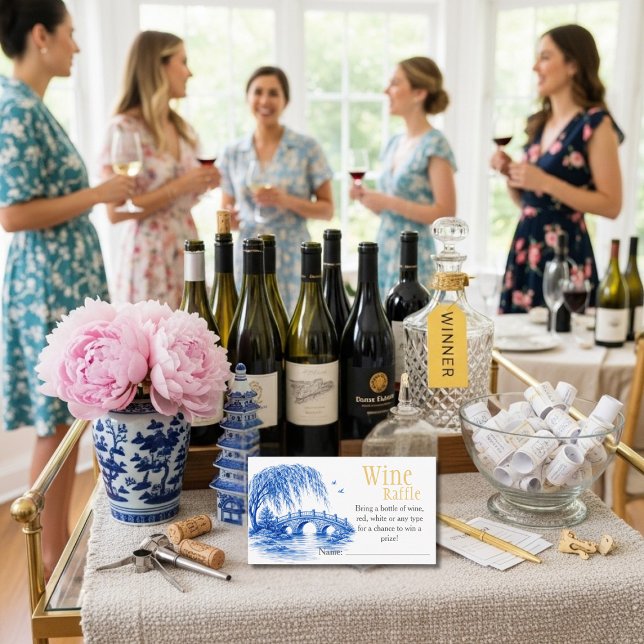 Tarjeta De Recepción Blue Chinoiserie Bridge Wine Raffle Bridal Shower  (Blue Chinoiserie Bridge Wine Raffle Bridal Shower Enclosure Card)