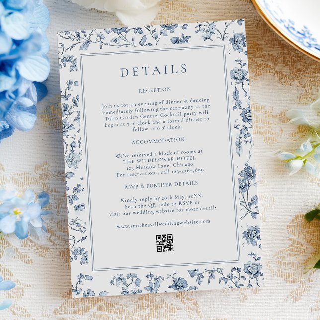 Tarjeta De Recepción Blue Chinoiserie Wedding Details (Subido por el creador)