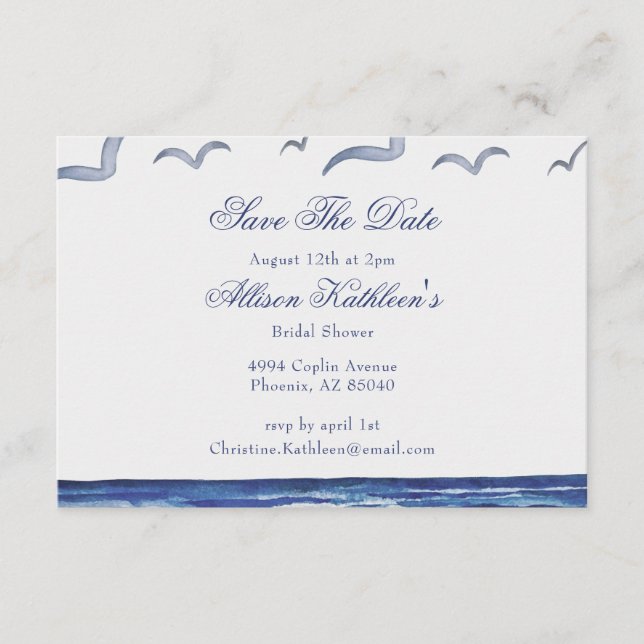 Tarjeta De Recepción Blue Coastal Sea Bridal Shower Save The Date (Anverso)