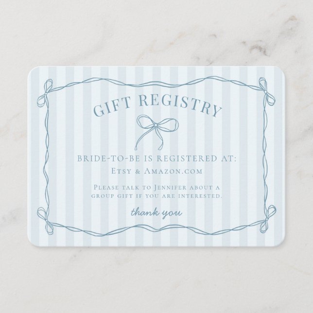 Tarjeta De Recepción Blue Coquette Bow Pastel Bridal Shower Registry (Anverso)