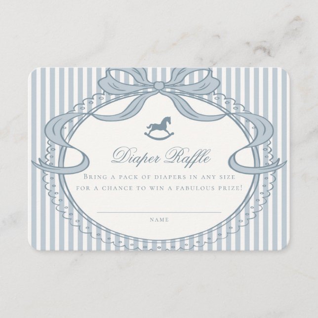 Tarjeta De Recepción Blue Coquette Bow Rocking Horse Diaper Raffle Card (Anverso)