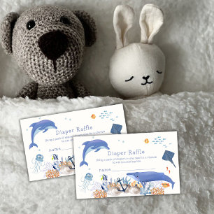 Tarjeta De Recepción Blue Cute Dolphin Whale Diaper Raffle Baby Shower