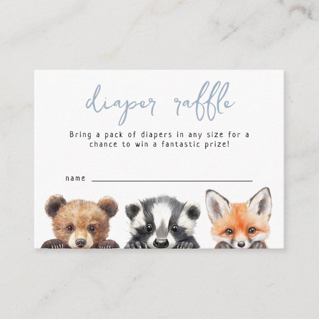 Tarjeta De Recepción Blue Cute Forest Woodland Animals Diaper Raffle (Anverso)
