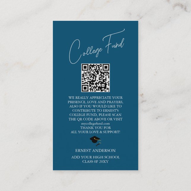 Tarjeta De Recepción Blue Elegant Graduation Photo QR Code College Fund (Reverso)