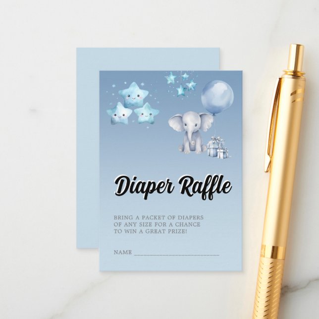 Tarjeta De Recepción Blue Elephant & Balloon Baby Shower Diaper Raffle (Anverso/Reverso In Situ)