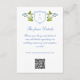 Tarjeta De Recepción Blue Floral Crest Wedding Details QR Code