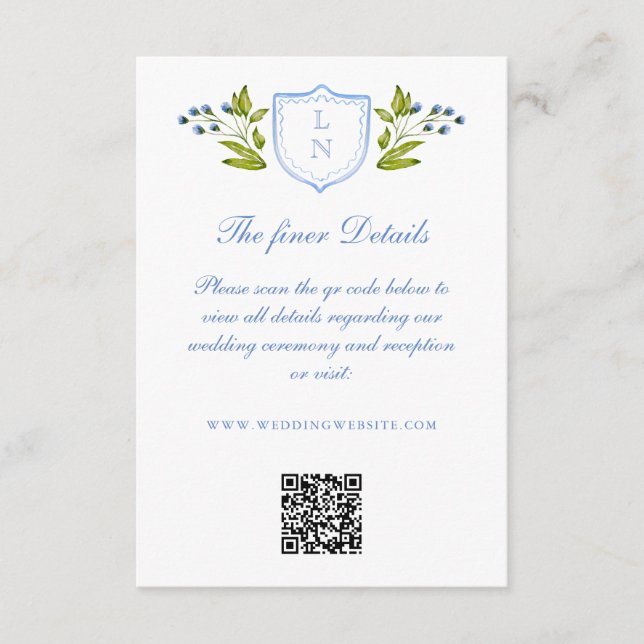 Tarjeta De Recepción Blue Floral Crest Wedding Details QR Code (Anverso)