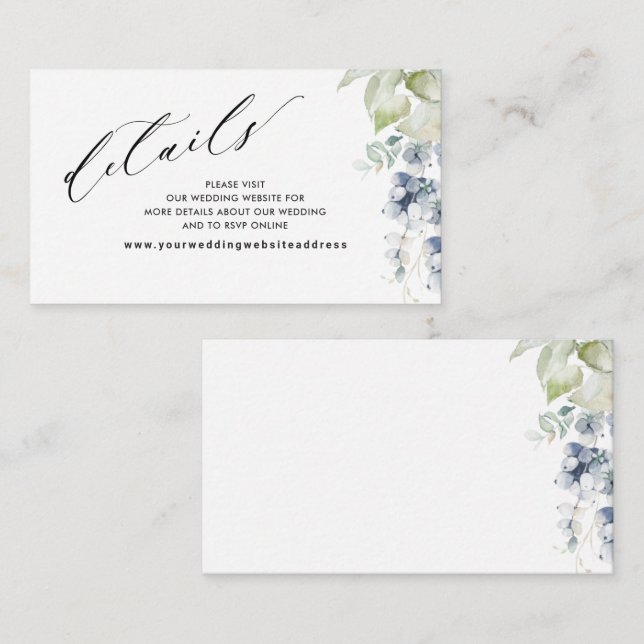 Tarjeta De Recepción Blue Floral Elegant Wedding Website /Detalles (Anverso / Reverso)