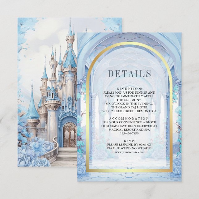 Tarjeta De Recepción Blue Floral Fairytale Castle Wedding Details (Anverso / Reverso)