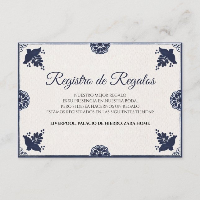 Tarjeta De Recepción Blue Floral Otomi Simple Fiesta Spanish Wedding (Anverso)