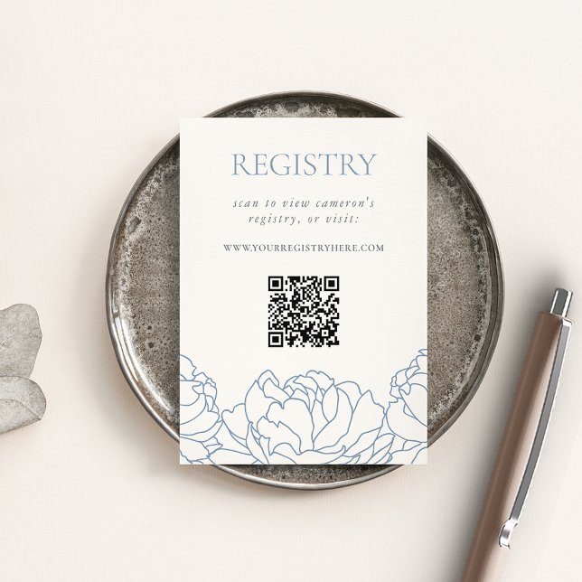 Tarjeta De Recepción Blue Floral Peony Bridal Shower Registry QR (Subido por el creador)