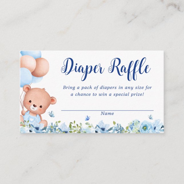 Tarjeta De Recepción Blue Floral Teddy Bear Baby Shower Diaper Raffle (Anverso)