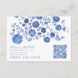 Tarjeta De Recepción Blue Floral Wedding RSVP QR Code response Card