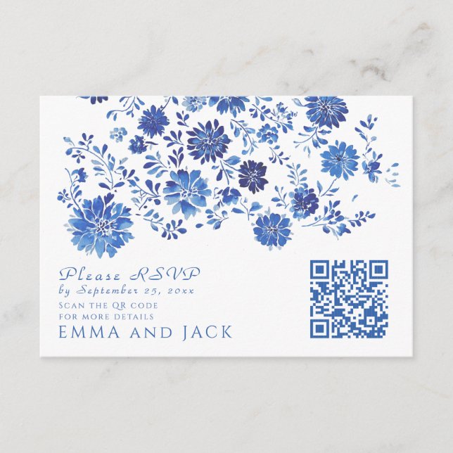 Tarjeta De Recepción Blue Floral Wedding RSVP QR Code response Card (Anverso)