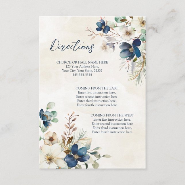 Tarjeta De Recepción Blue Floral Winter Wedding Direction Insert (Anverso)