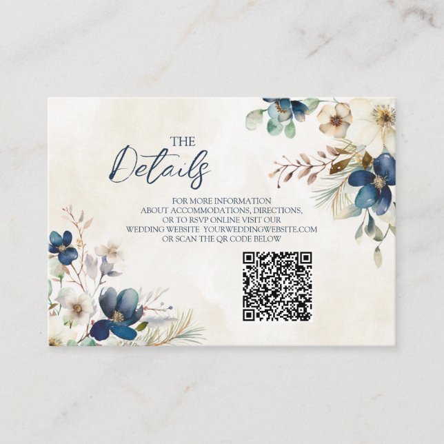 Tarjeta De Recepción Blue Floral Winter Wedding QR code Details Insert (Anverso)