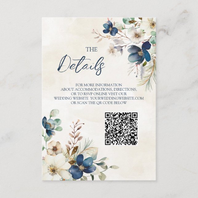 Tarjeta De Recepción Blue Floral Winter Wedding QR code Details Insert (Anverso)