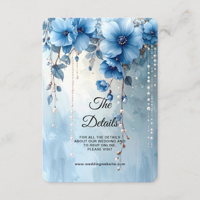Tarjeta De Recepción Blue Flowers and Pearls Detail Enclosure (Anverso)