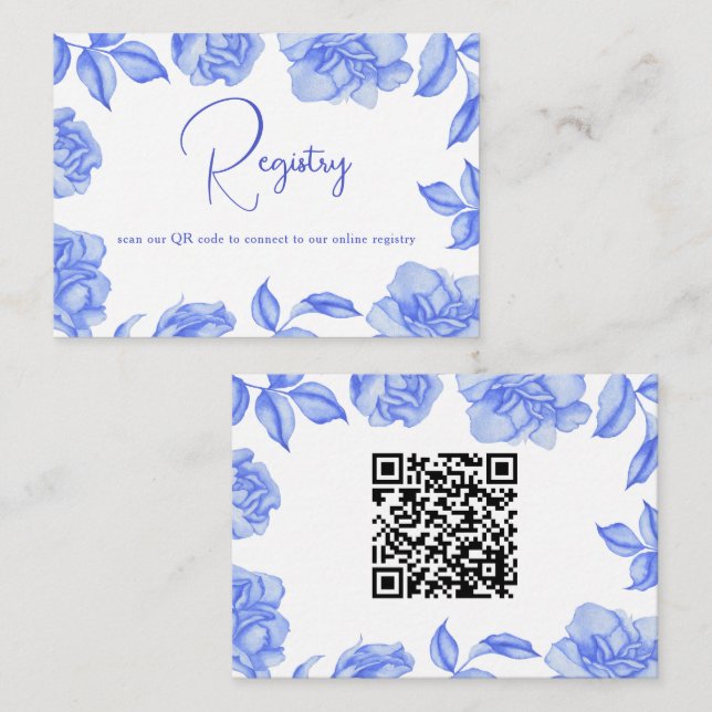 Tarjeta De Recepción Blue Flowers - QR Code Bridal Shower Registry  (Anverso / Reverso)