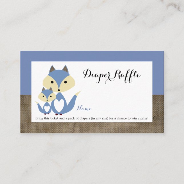 Tarjeta De Recepción Blue Fox Burlap Baby Shower Diaper Raffle Ticket (Anverso)