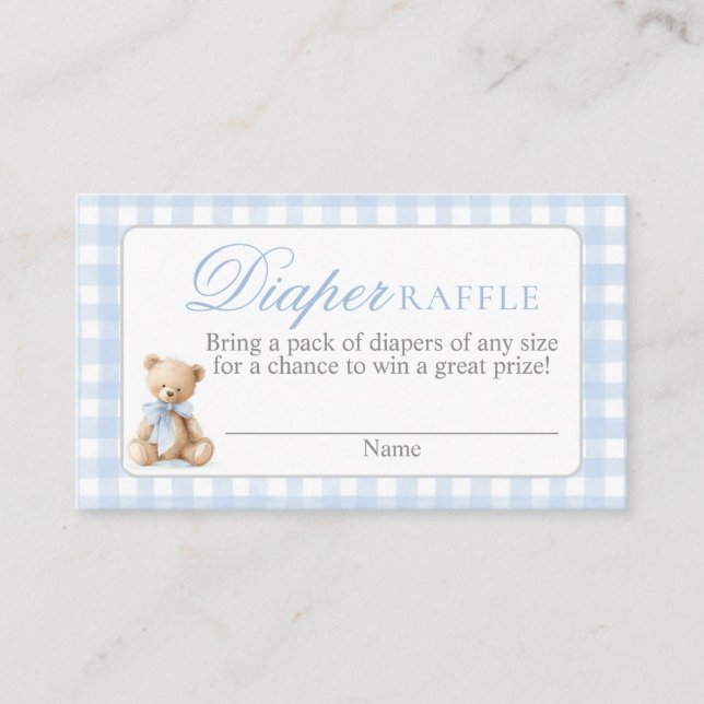 Tarjeta De Recepción Blue Gingham Bear Baby shower Diaper Raffle Card (Anverso)