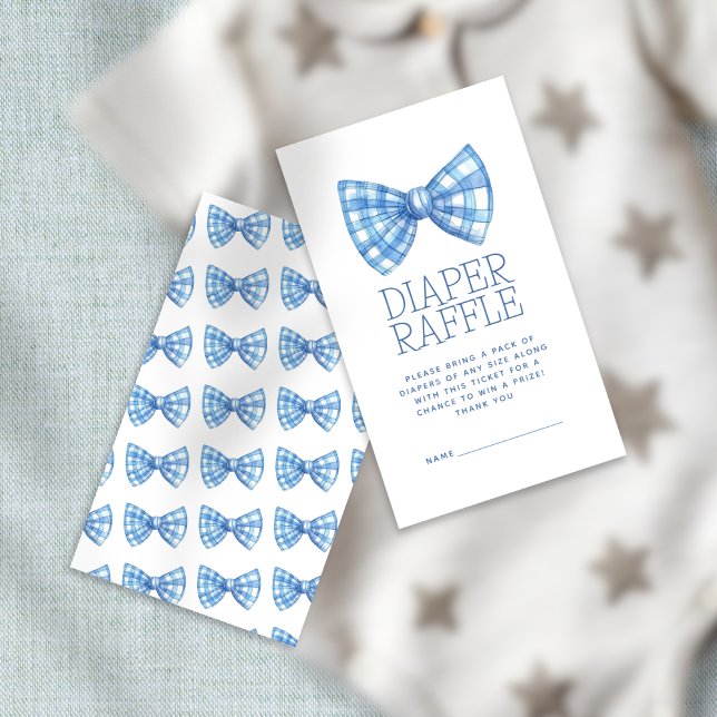 Tarjeta De Recepción Blue Gingham Bow Tie Diaper Raffle Baby Shower (Front and back view)