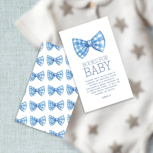 Tarjeta De Recepción Blue Gingham Bow Ties Books para el Baby Baby Show (front and back)