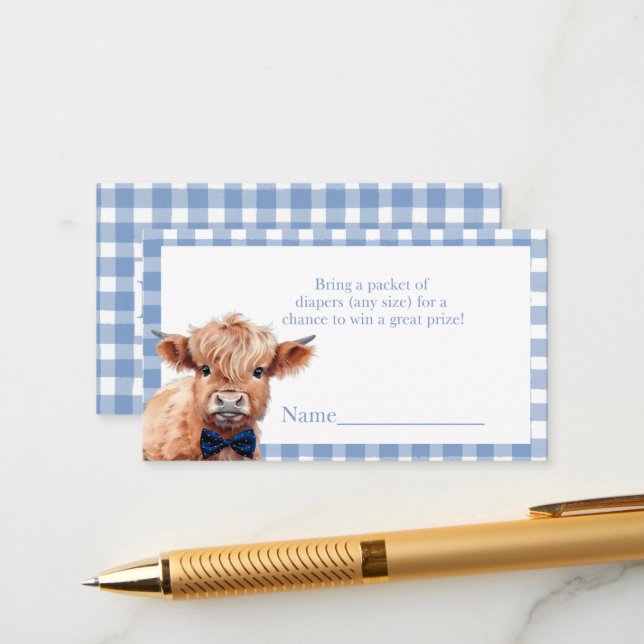 Tarjeta De Recepción Blue gingham Highland Cow diaper raffle (Anverso/Reverso In Situ)