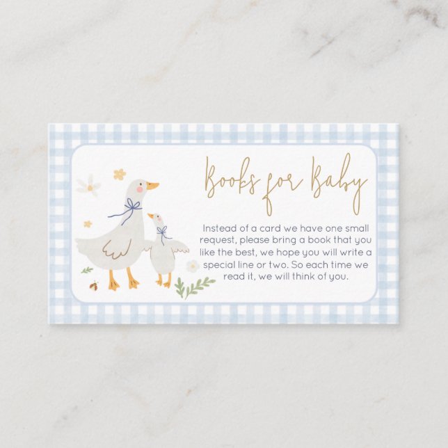 Tarjeta De Recepción Blue Gingham Silly Goose BabyShower Books para beb (Anverso)