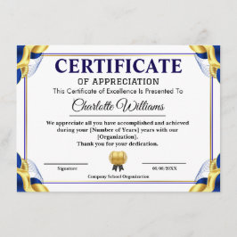 Tarjeta De Recepción Blue Gold Certificate of Appreciation Template