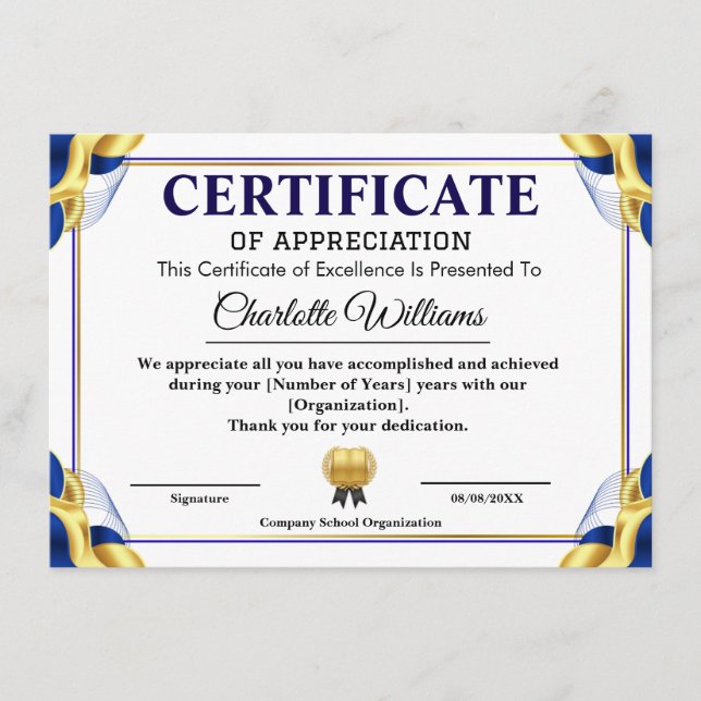 Tarjeta De Recepción Blue Gold Certificate of Appreciation Template (Anverso)